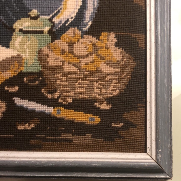 Tapestry Needlepoint still life/bread/cheese/lighted candle/peuter pitcher&plate - Picture 6 of 12